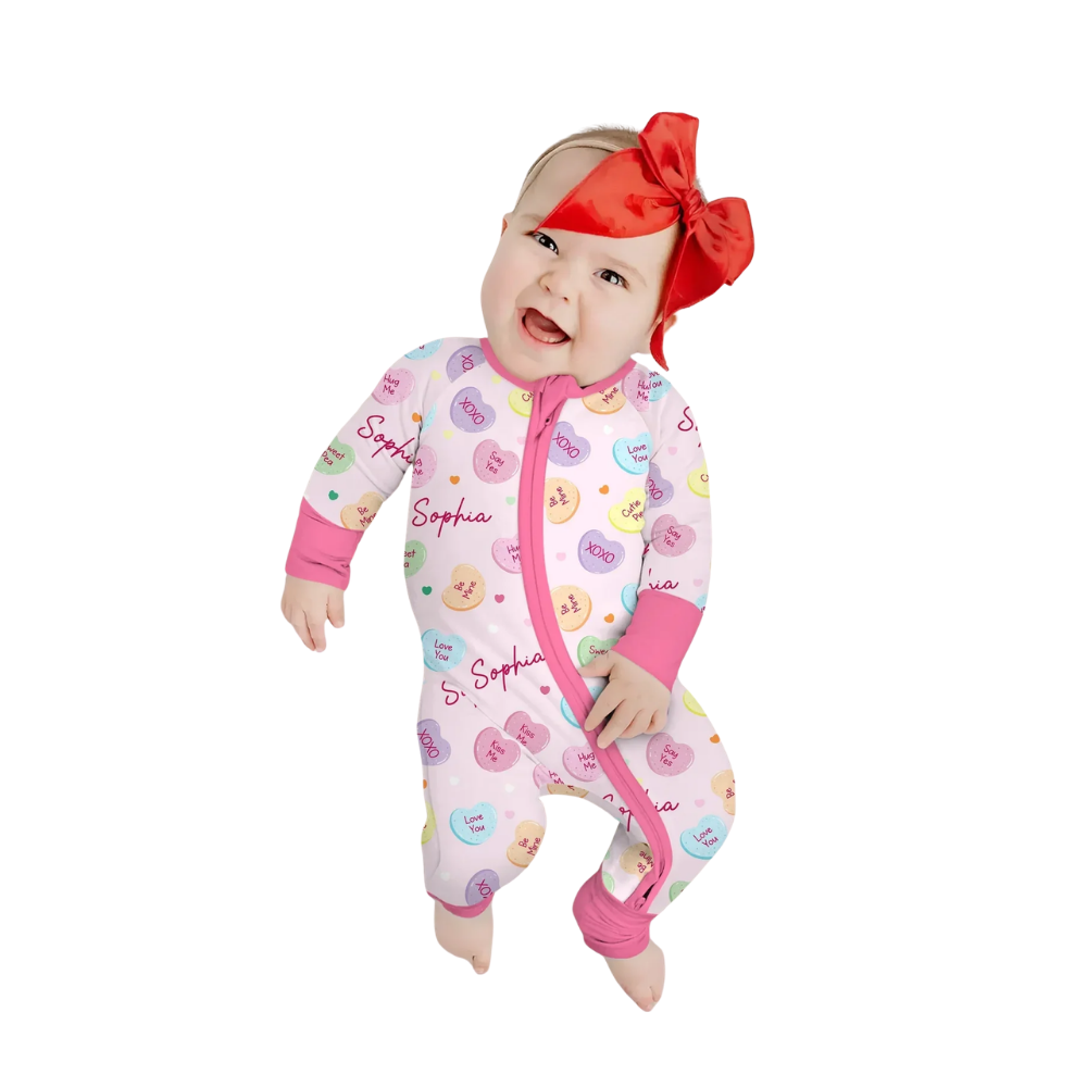 Custom Name Colorful Candy Hearts Baby Romper Convertible Zipper, Personalized Candy Pink Baby Romper Convertible BB0648