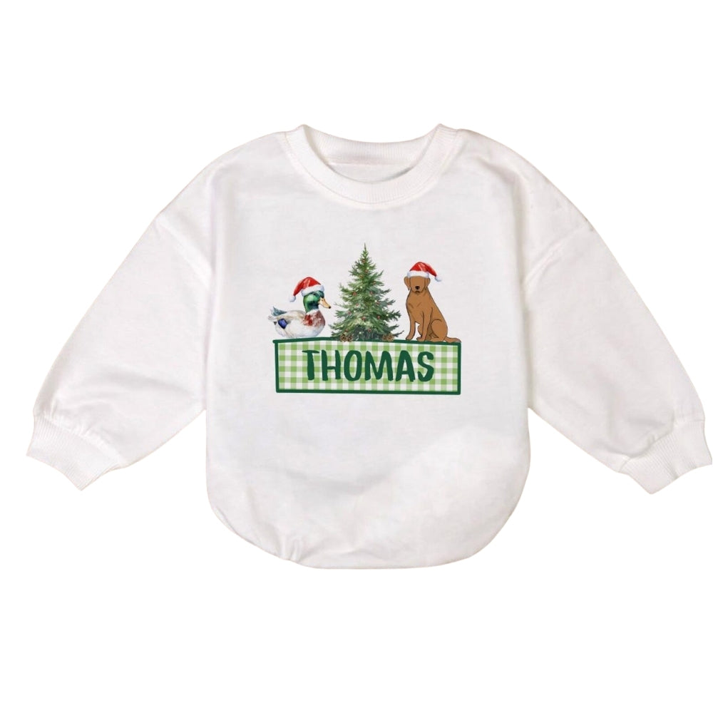 Personalized Mallard Duck Labrador Christmas Tree Baby Romper Sweatshirt, Custom Name Christmas Baby Hunting Romper Sweatshirt BB0207
