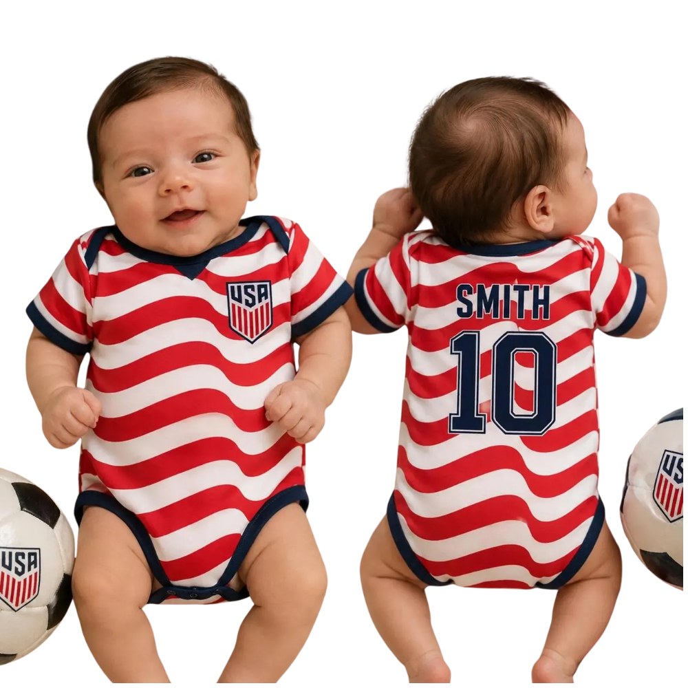 Personalized USA Flag Soccer Baby Bodysuit, Custom USA Soccer Baby Bodysuit BB0315