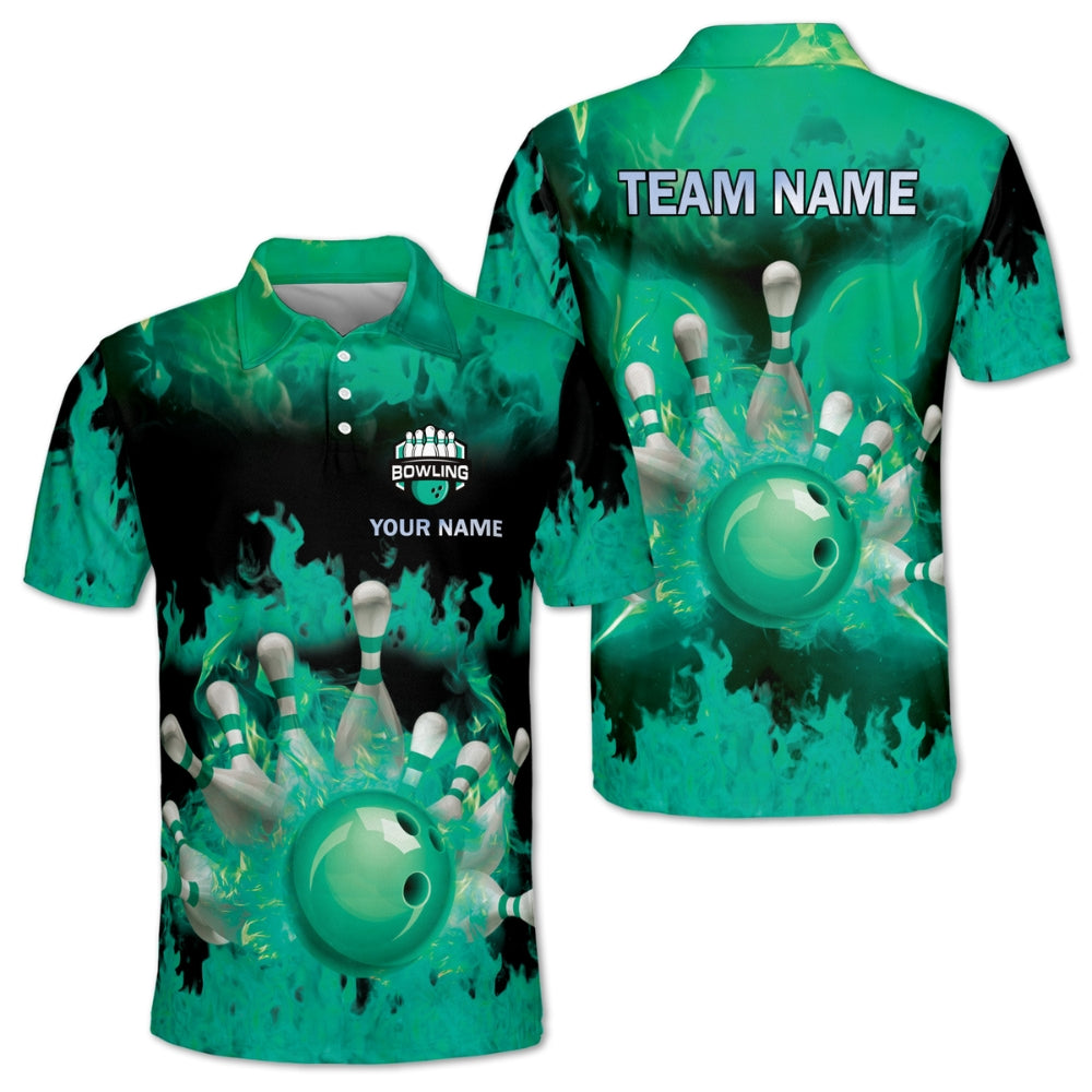 Custom Blue Flame Bowling Polo Shirts For Men, Custom Flame Bowling Team Shirts BM0346