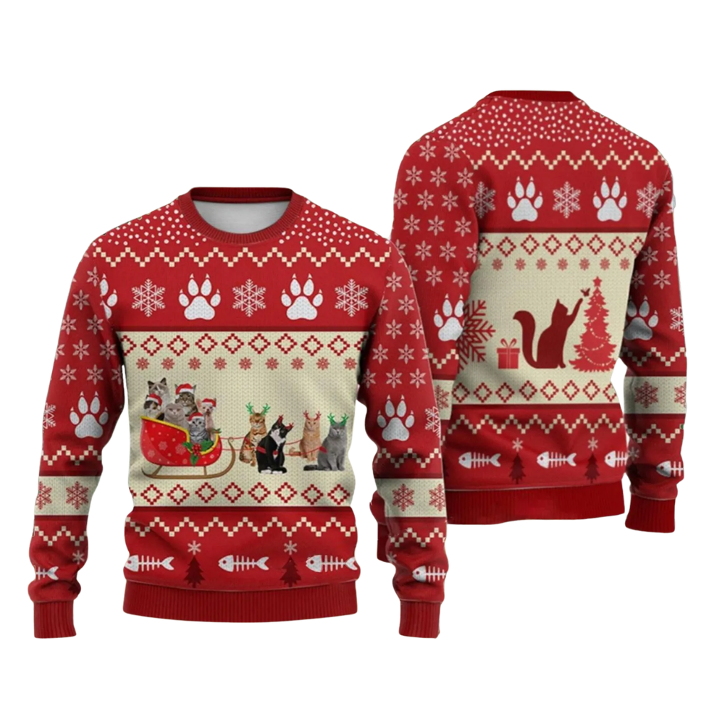 Cat Reindeer Sleigh Ugly Christmas Sweater, Cat Lover Christmas Ugly Sweatshirt 2D1235