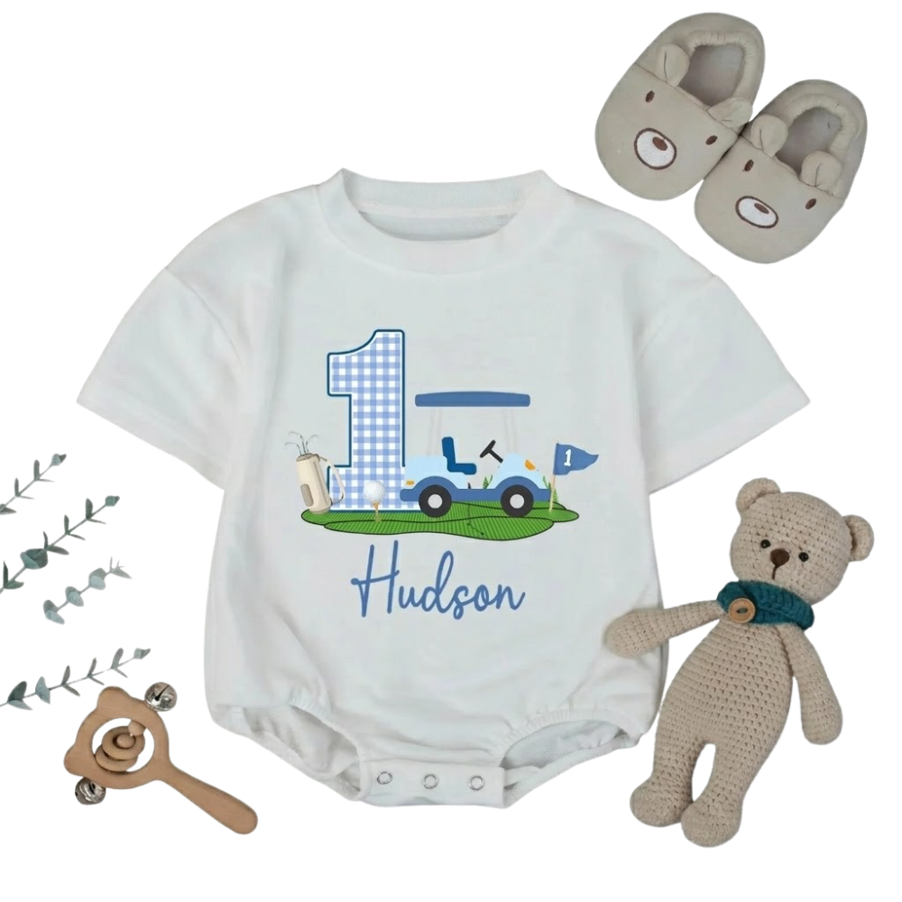 Custom Baby Name Golf 1st Birthday T Shirt Bubble Romper, Custom First Birthday Baby Golf Romper BB0249