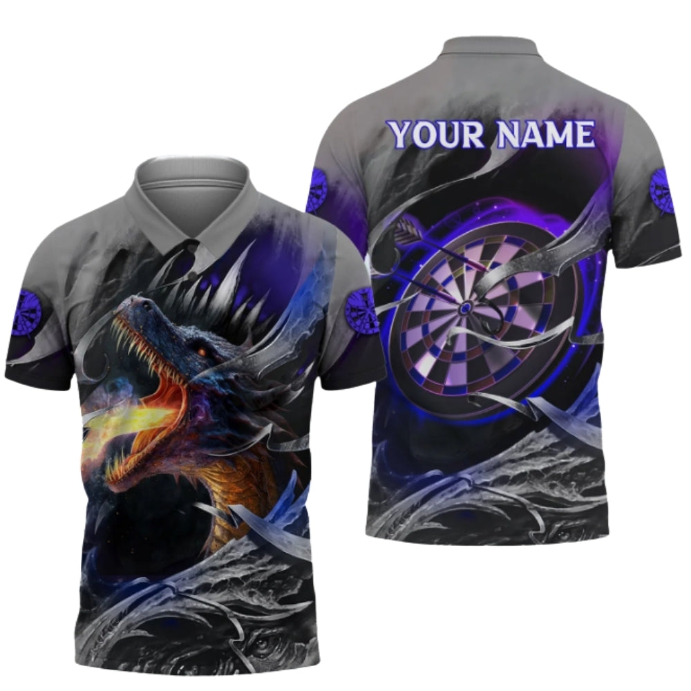 Custom Dragon Purple And Grey Darts Polo Shirt Mens, Custom Dragon Dart Shirts DZ0062