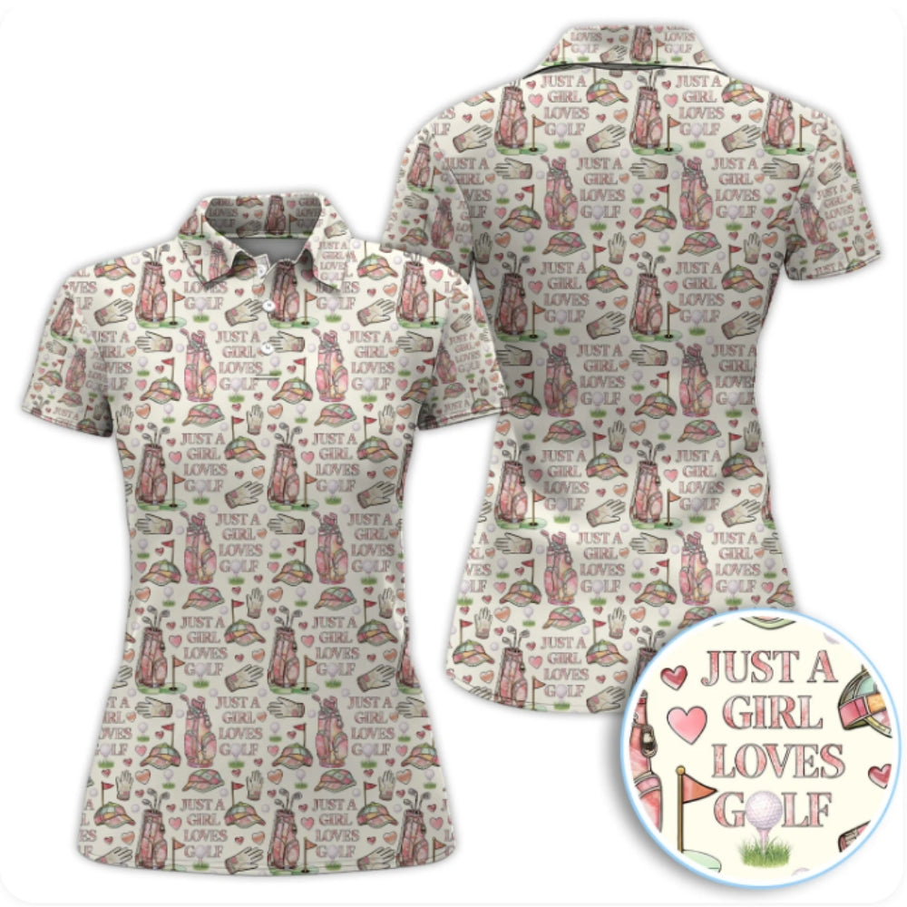 Just A Girl Loves Golf Pink Golf Bag Women's Polo Shirt, Beige And Pink Golf Shirts For Ladies GZ0227