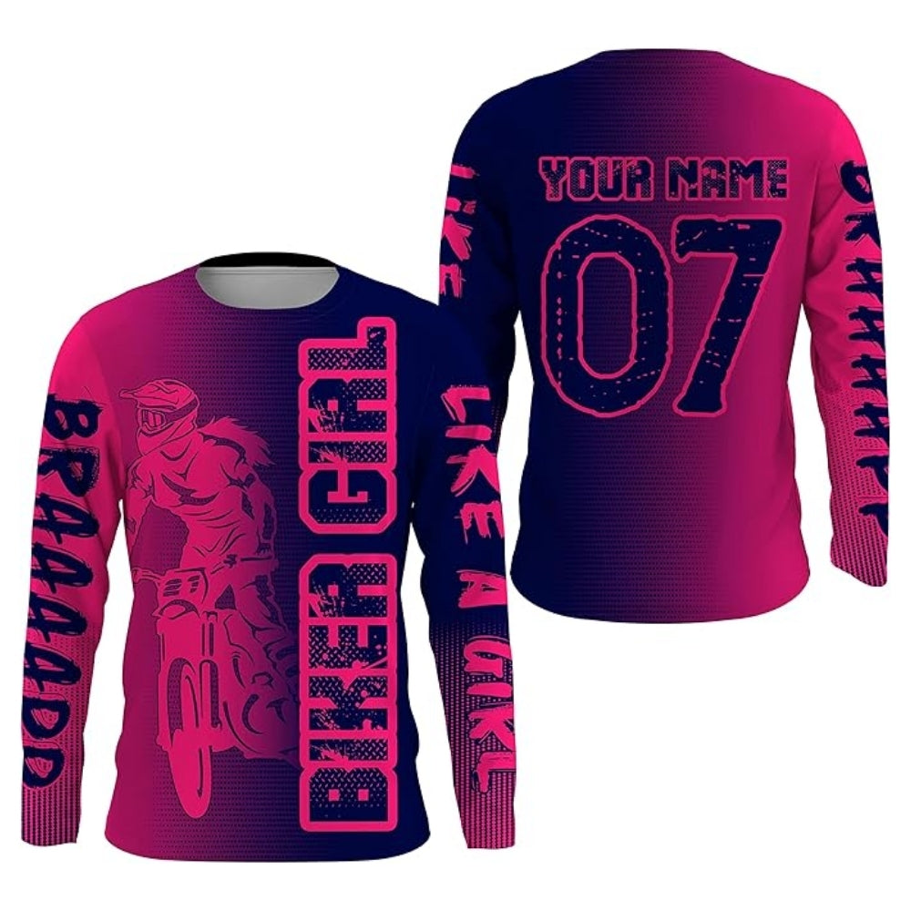 Bike Like A Girl Women's Custom Dirt Bike Long Sleeve Pink Blue Shirt, Custom Racing Dirt Bike Jersey For Ladies MZ0066