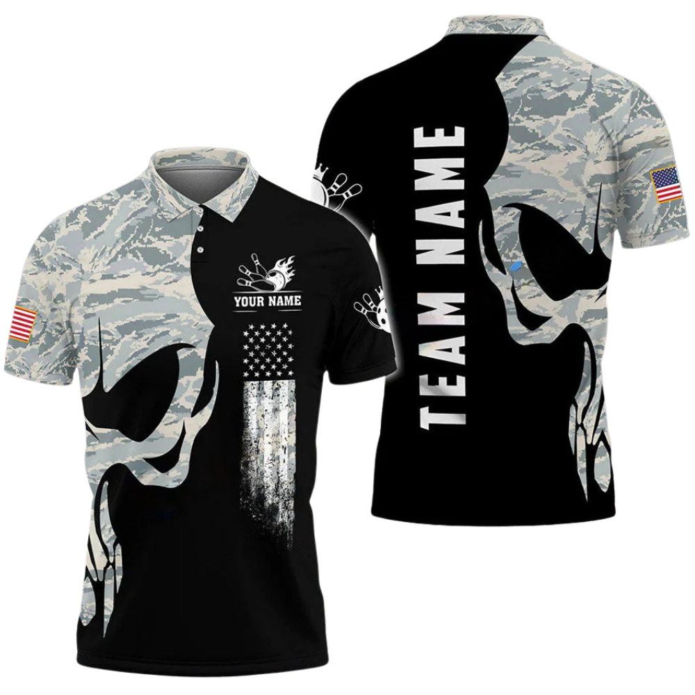 Custom Green Camouflage Skull Bowling Polo Shirt For Men, Custom Skull Bowling Team Shirts BZ0611