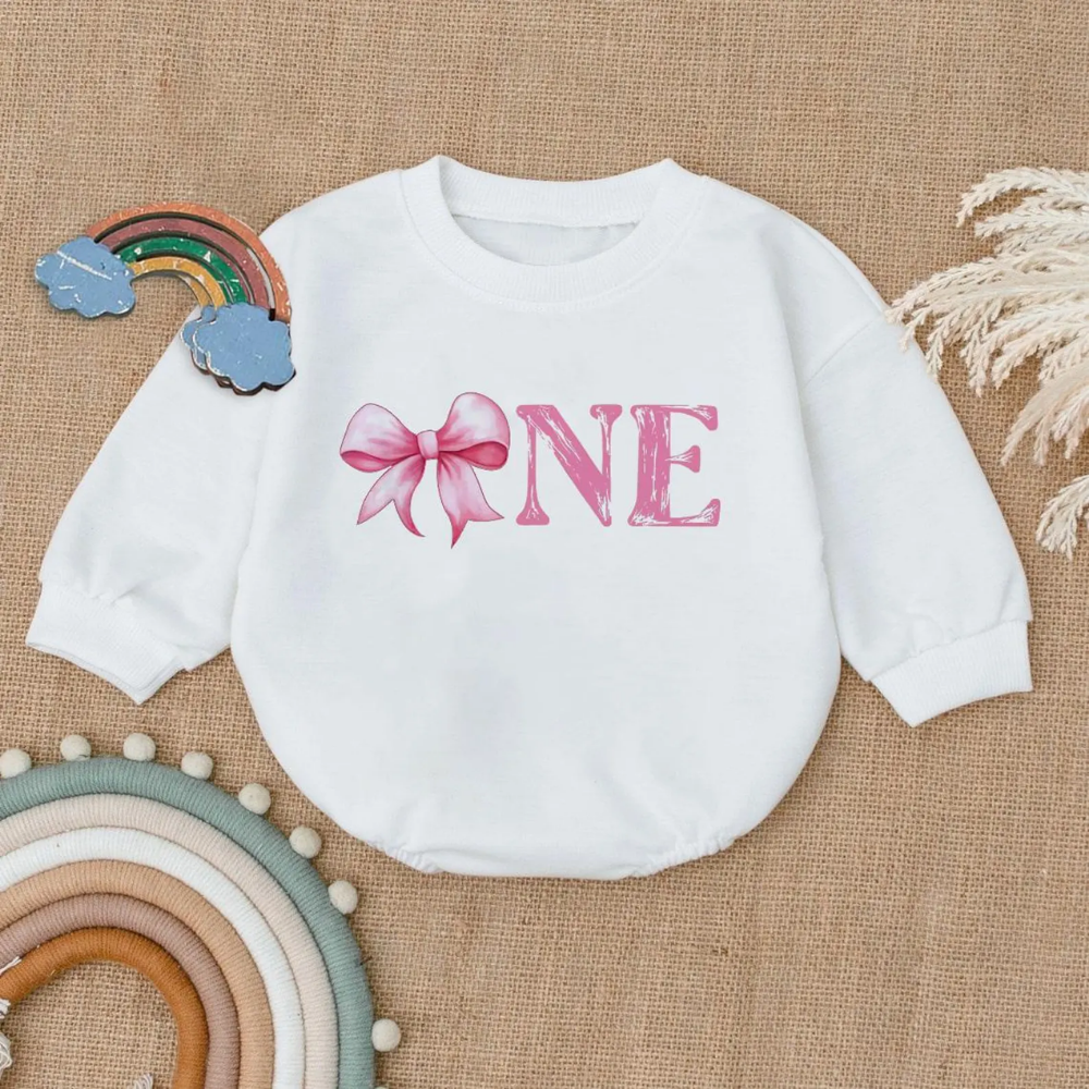 Pink Coquette Bow One Birthday Baby Romper Sweatshirt, First Birthday Romper Sweatshirt BB0112