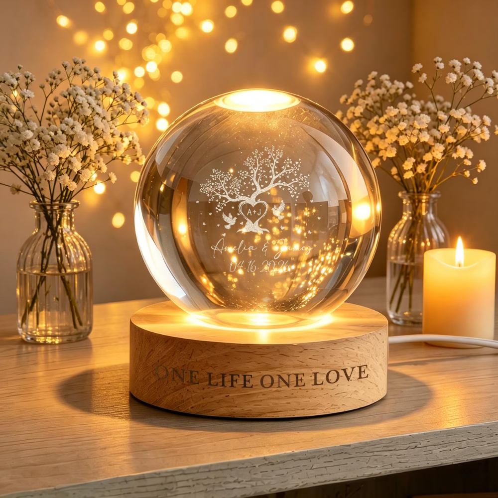 Personalized Tree Crystal Ball Led Night Light One Life One Love, Custom Wedding Anniversary Night Light WD0854