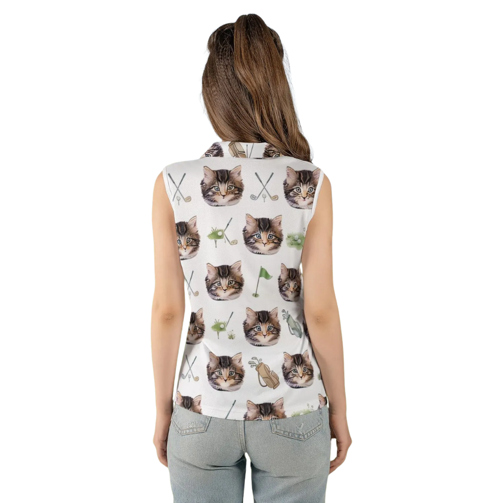 Womens Custom Cat Photo Sleeveless Golf Shirt, Custom Pet Faces Golf Shirts For Ladies GE0555