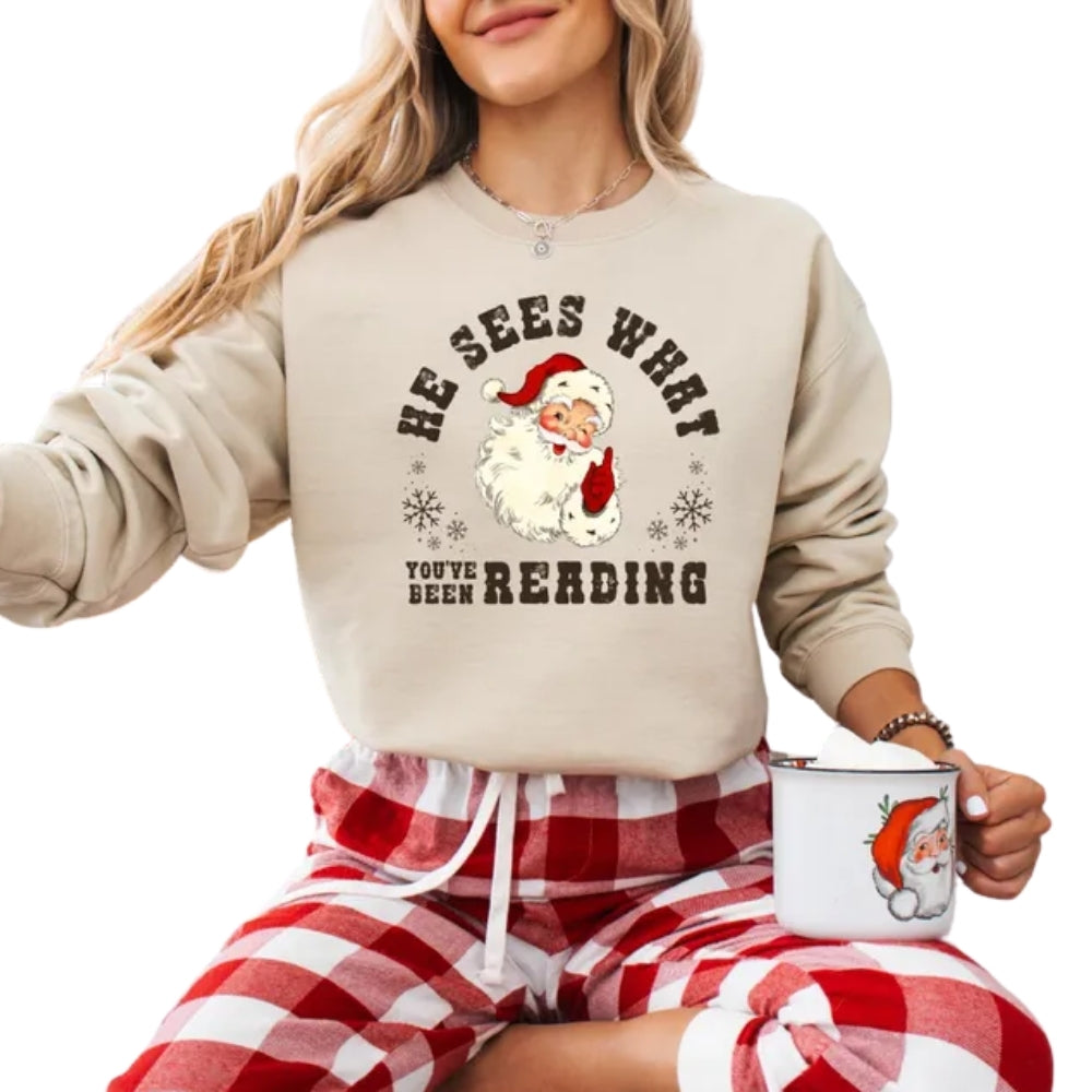 He Sees What You've Been Reading Santa Sweatshirt, Funny Book Lover Xmas Sweatshirt 2D0704