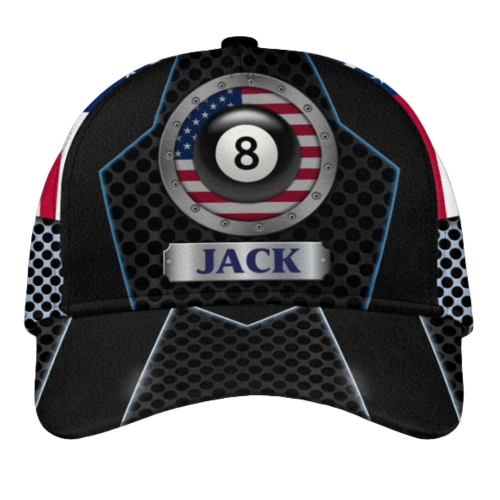 American Flag 8 Ball Custom Name Billiard 3D Printed Cap, Custom Patriotic Billiard Baseball Hat CP0421