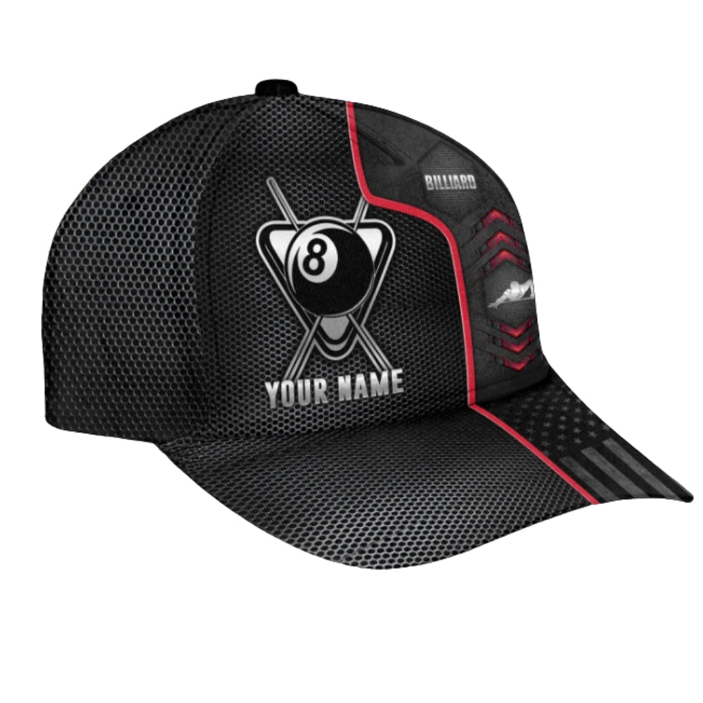 Personalized 8 Ball 3D Printed Billiard Baseball Cap Black Red, Custom Name Cap Hat For Billiard Players CP0423