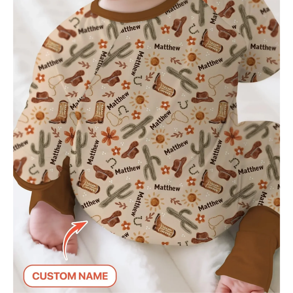 Custom Name Cowboy Baby Convertible Romper Zipper, Custom Western Convertible Baby Romper BB0653