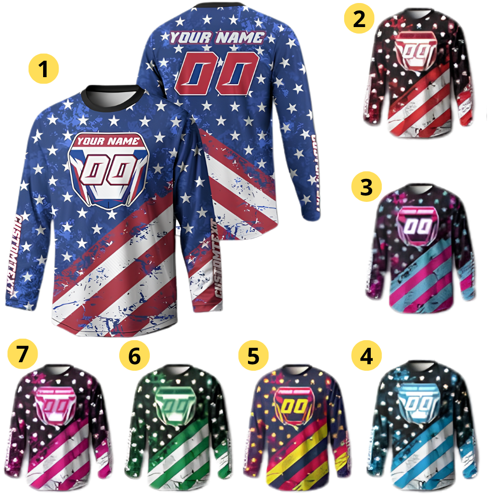 Custom Red White And Blue USA Flag Motocross Long Sleeve Jersey For Men, Custom Patriotic Dirt Bike Shirt MZ0126