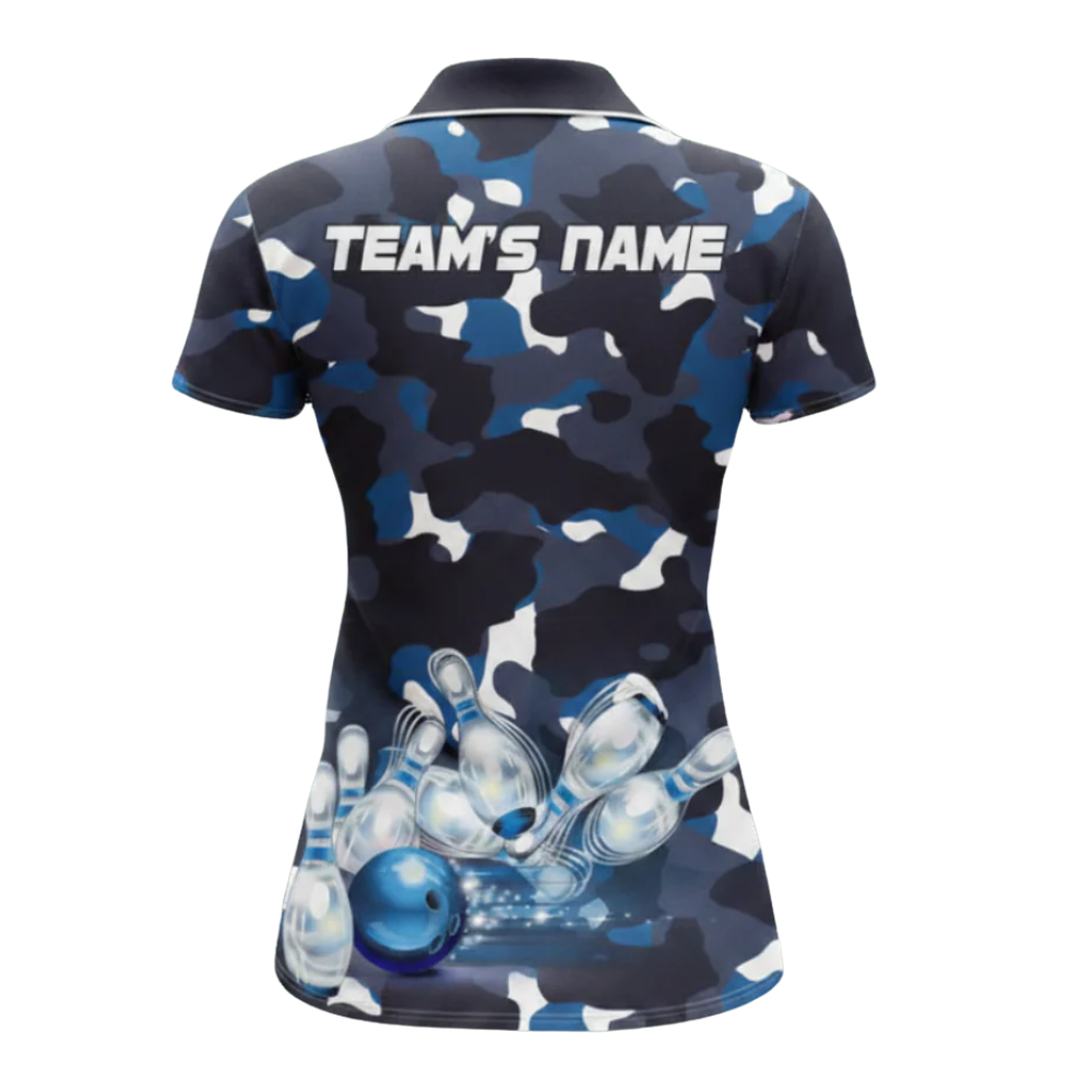 Women's Custom Blue Camo Bowling Polo Shirt, Custom Camo Bowling Team Shirts For Ladies BZ0486