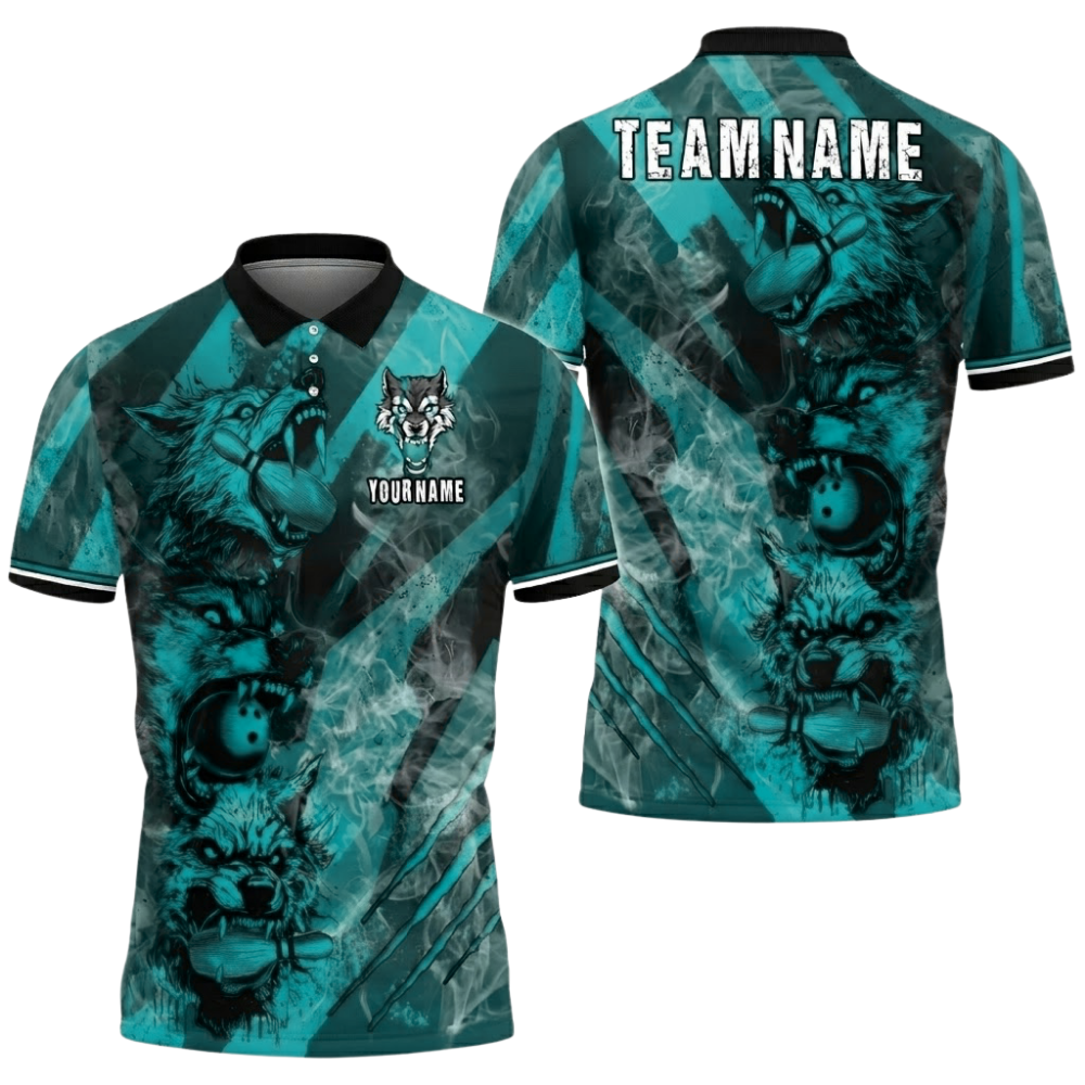 Custom Wolf Blue Smoke Bowling Polo Shirt For Men, Custom Wolf Bowling Team Shirts BZ0753