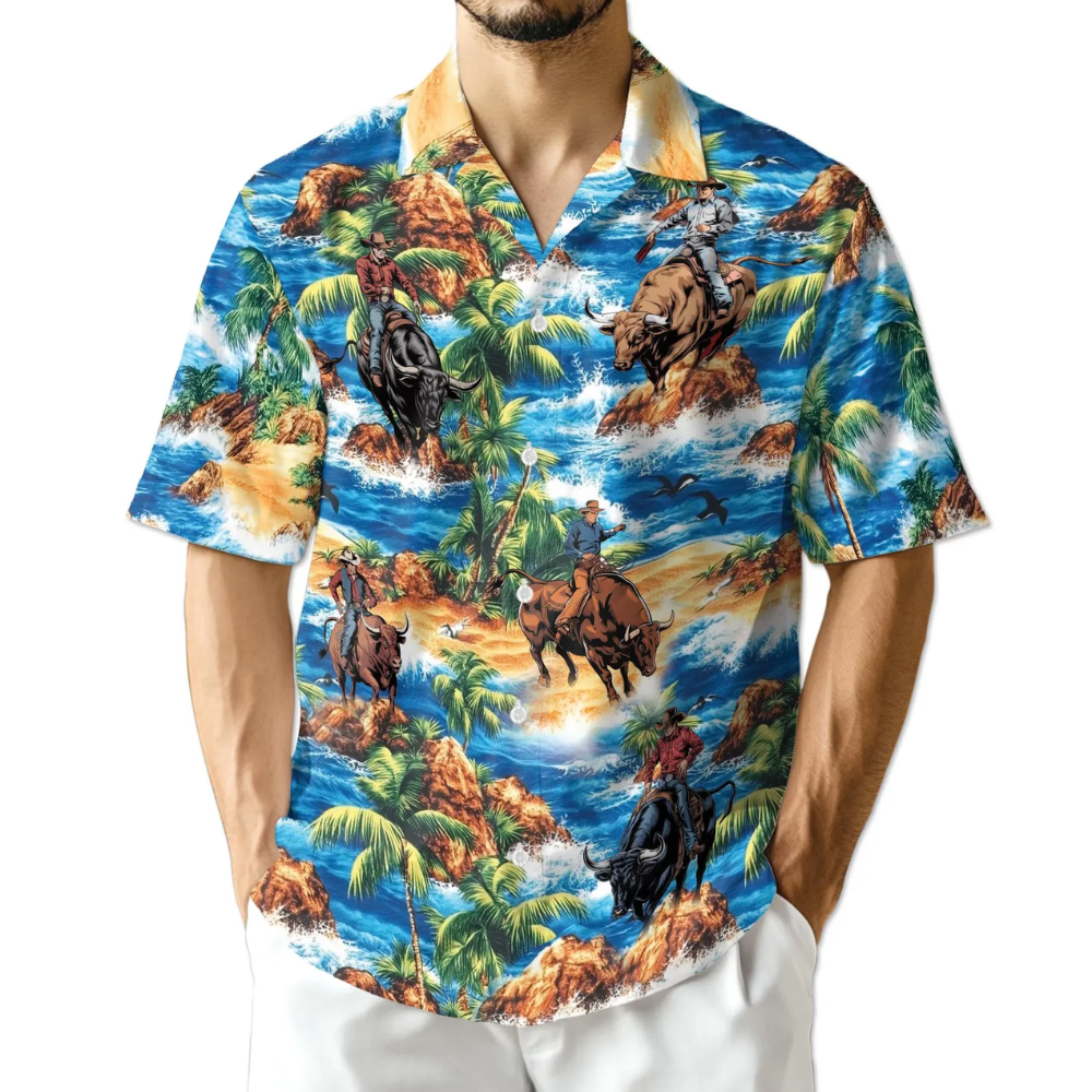 Bull Riding Cowboy Tropical Mens Hawaiian Shirt, Cowboy Western Hawaiian Shirt HE0763