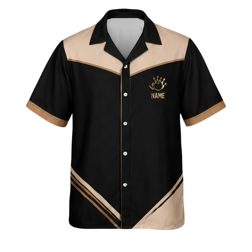 Custom Team Black Beige Bowling Hawaiian Shirt, Custom Bowling Shirts BE0247