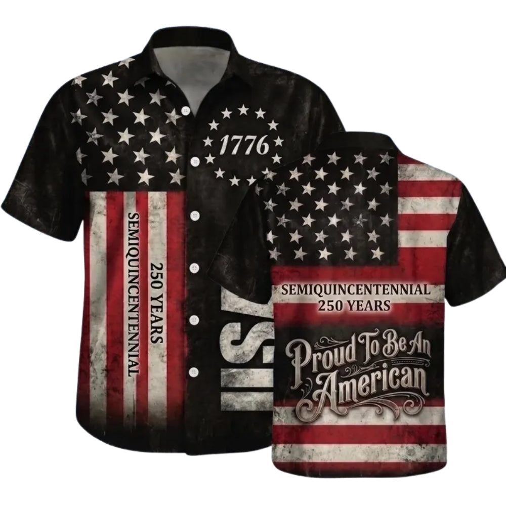 250 Years Semiquincentennial Proud To Be An American USA Flag Navy Hawaiian Shirts, 4th Of July Hawaiian Shirts HE0323