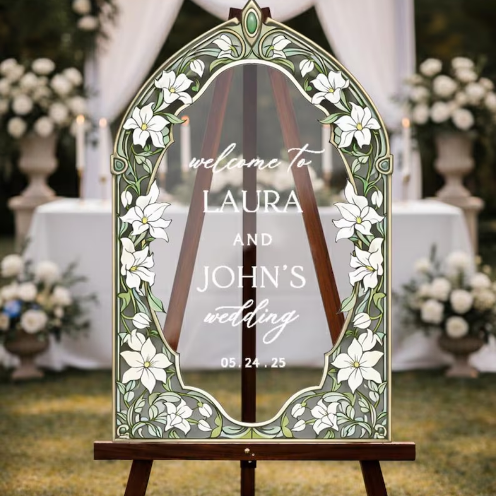 Personalized White Lily Stained Glass Wedding Welcome Acrylic Sign, Custom Floral Stained Glass Sign For Wedding WD0733