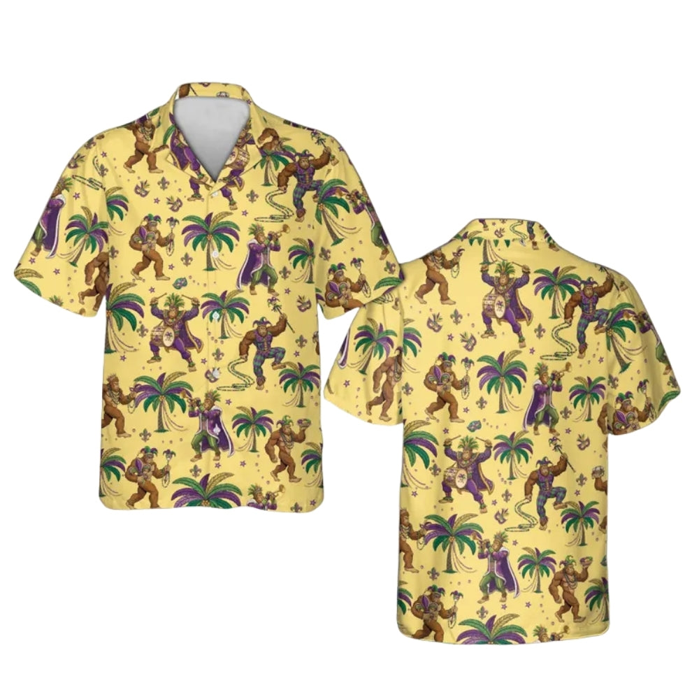 Funny Bigfoot Mardi Gras Hawaiian Shirt Men Women, Sasquatch Mardi Gras Hawaiian Shirts HE0002
