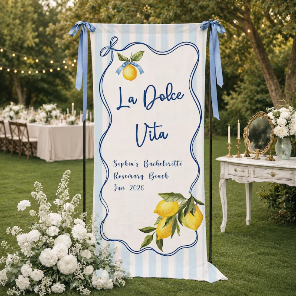 Custom Lemon Blue Stripe Bachelorette Fabric Welcome Banner, Custom Beach Bachelorette Welcome Sign WD0489