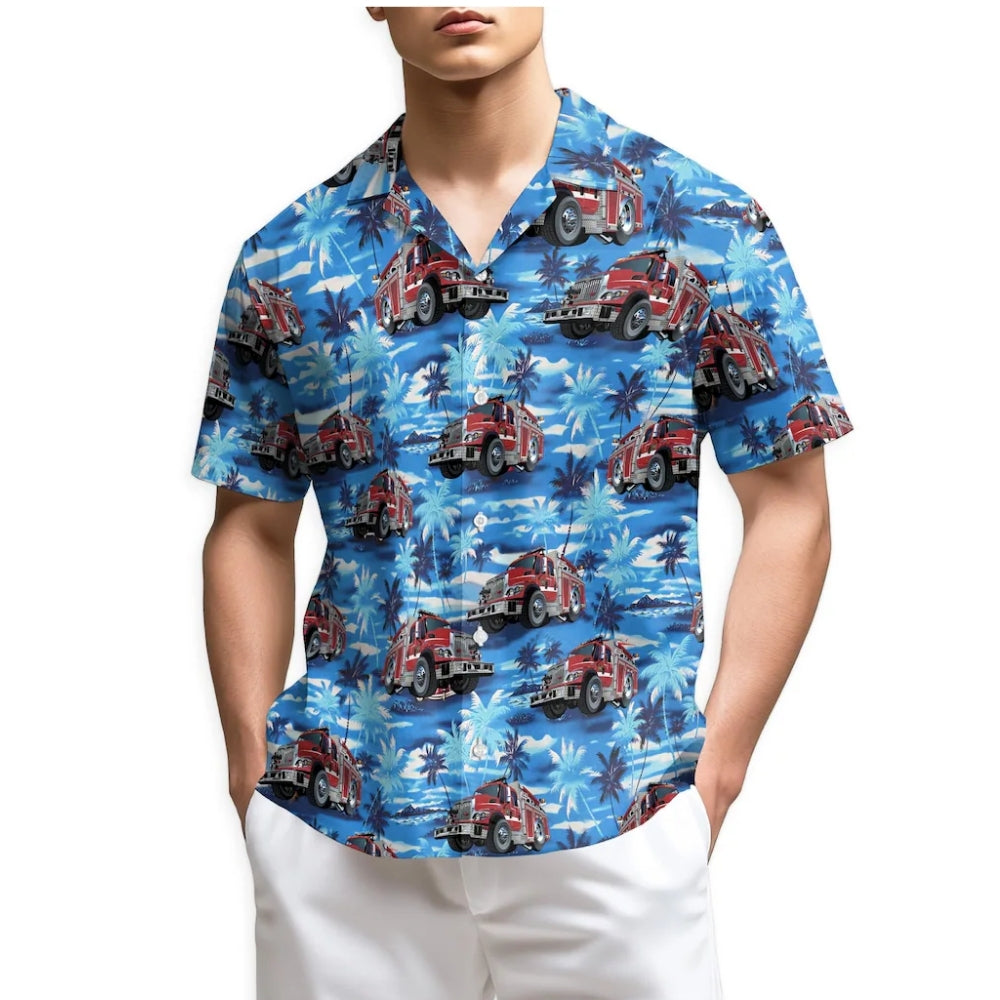 Fire Truck Blue Palm Tree Hawaiian Shirt For Men, Tropical Fire Truck Hawaiian Shirt For Firefighter HE0139