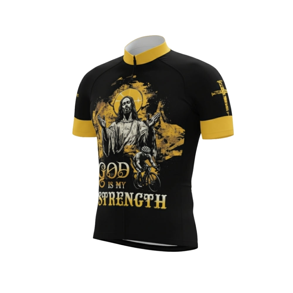 God Is My Strength Black And Yellow Cycling Short Sleeve Jersey Mens, God Christian Cycling Jerseys CG0530