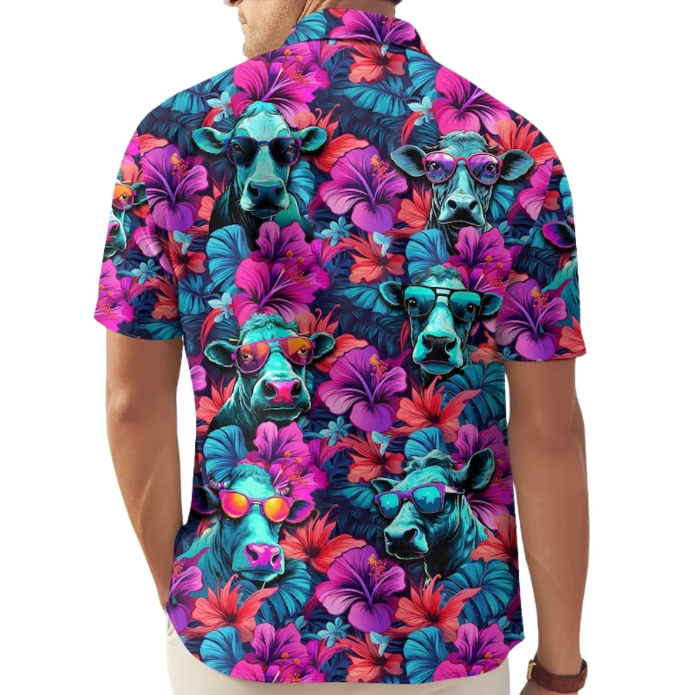 Cow Neon Floral Hawaiian Shirt For Men Women, Tropical Cow Hawaiian Shirts HE0140