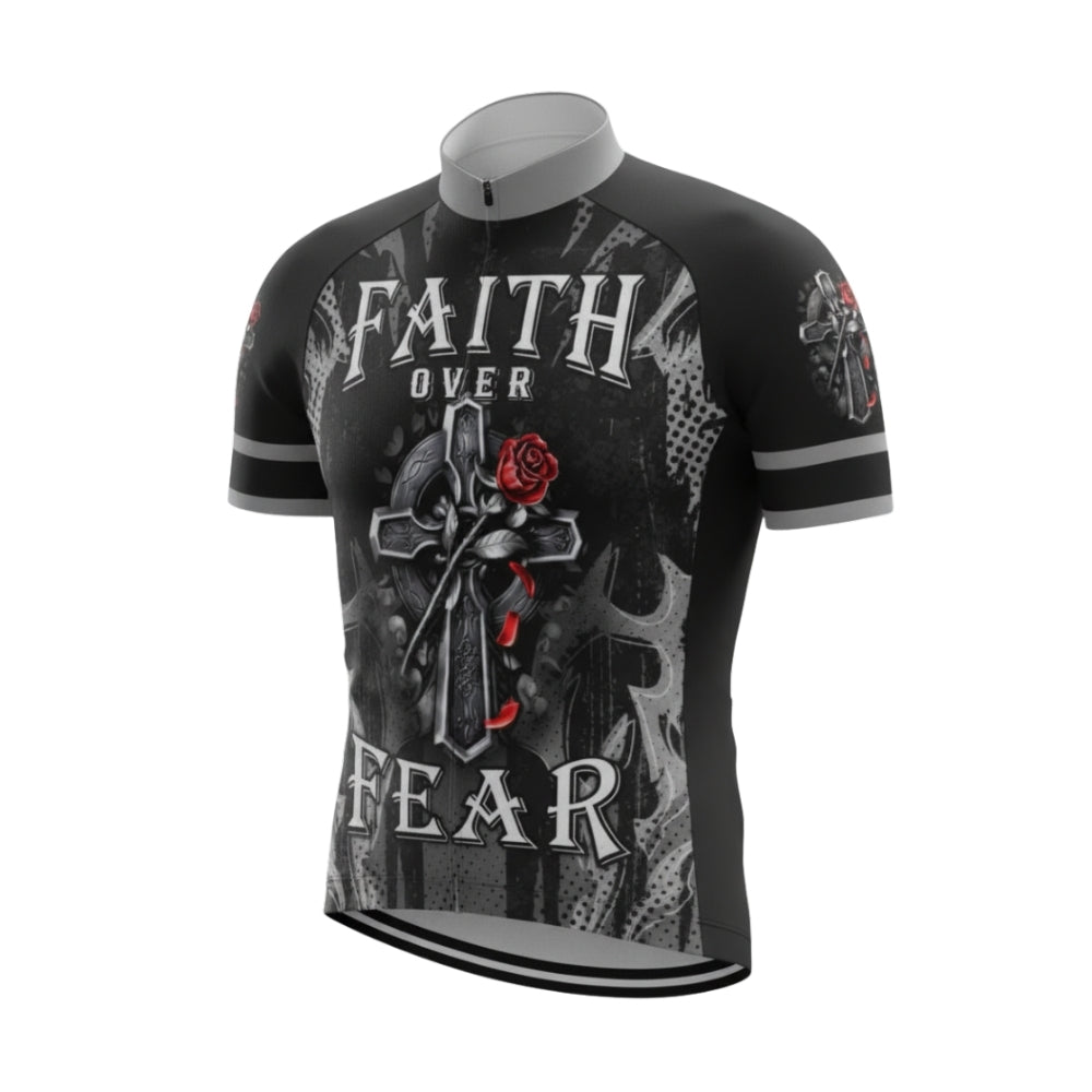 Faith Over Fear Cross And Rose Cycling Short Sleeve Jersey For Men, Christian Cycling Jerseys CG0531