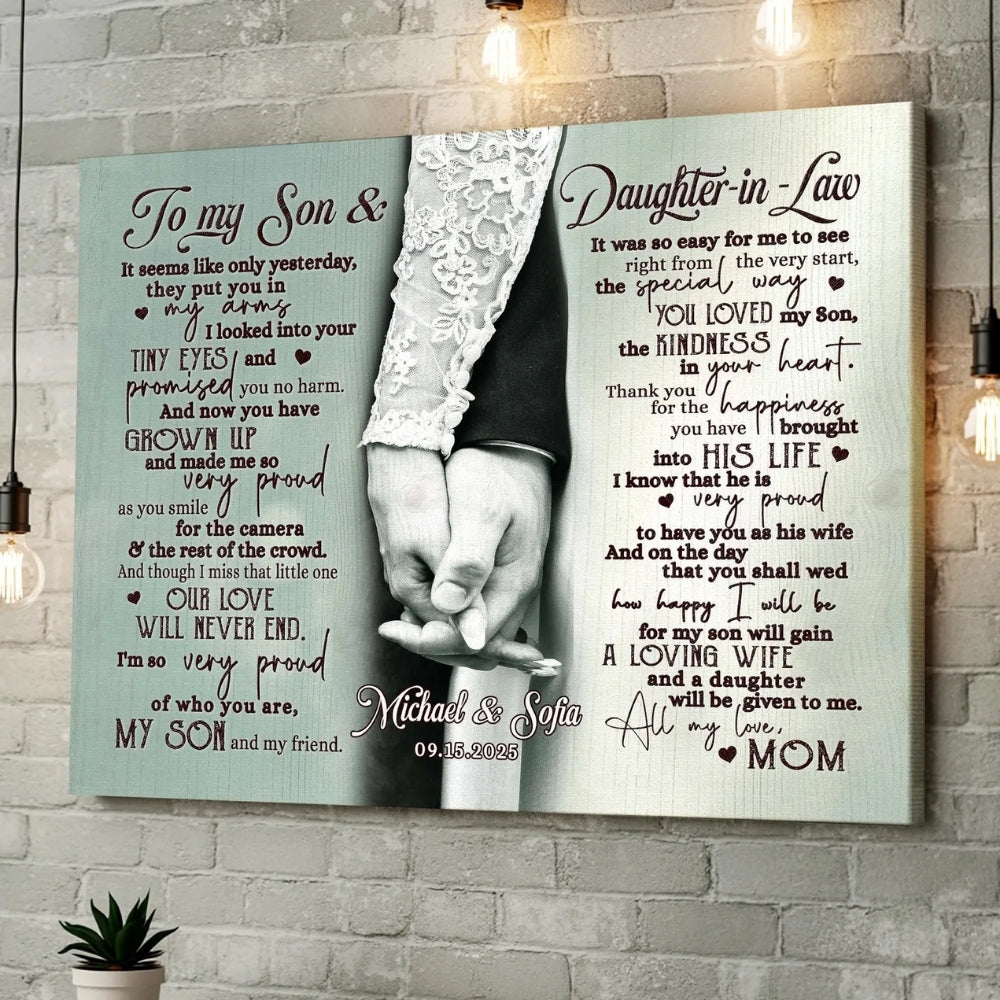 For My Son Will Gain A Loving Wife Personalized Wedding Canvas Gifts, Custom Wedding Engagement Canvas For Son And Daughter In Law WD0073