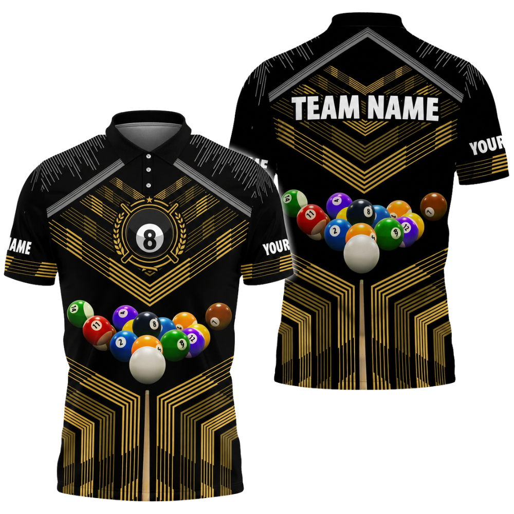 Custom Team 8 Ball Black Blue Billiard Men Polo Shirt, Custom Billiard Team Shirts BIZ0312