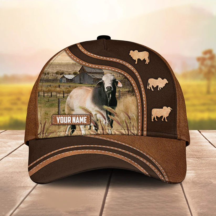 Brahman Cattle Leather Brown Pattern Customized Name Cap CA0177