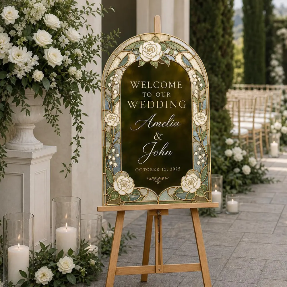 Personalized White Roses Stained Glass Wedding Acrylic Mirror Welcome Sign, Custom Floral Wedding Stained Glass Sign WD0734