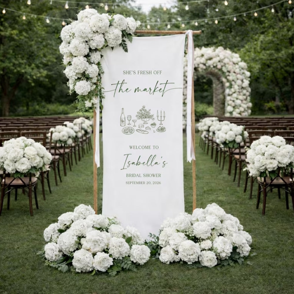 She's Fresh Off The Market Custom Bridal Shower Welcome Sign Banner, Custom Fabric Welcome Banner For Bridal Shower WD0208