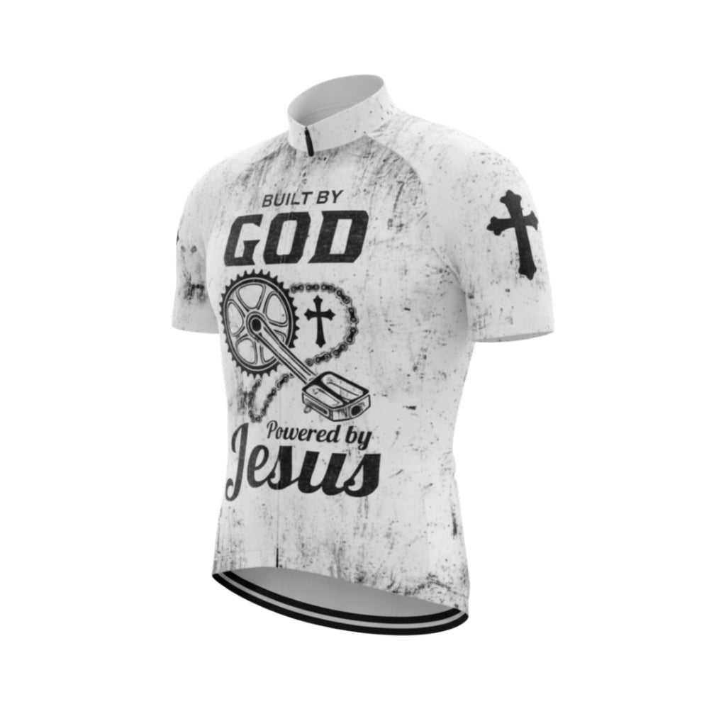 Built By God Powered By Jesus Men's White Black Cycling Short Sleeve Jersey, Christian Cycling Jerseys CG0534