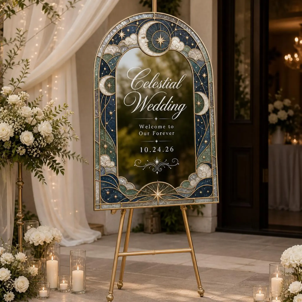 Personalized Moon Stars Stained Glass Wedding Acrylic Mirror Sign, Custom Celestial Stained Glass Wedding Welcome Sign WD0735