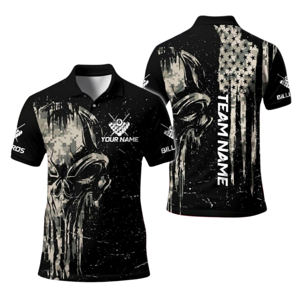 Custom Skull Camo Men's Black Polo 8 Ball Shirts, Custom Skull Billiard Pool Team Shirts BIE0066