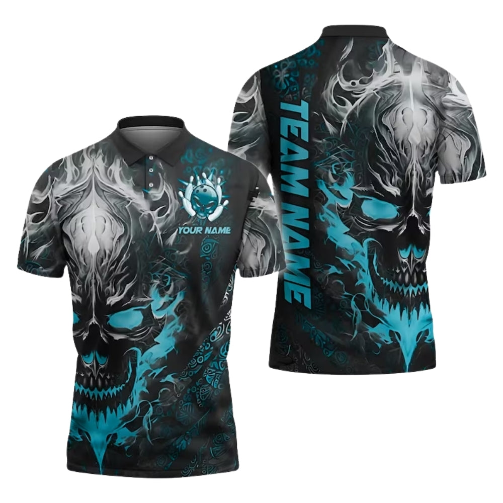 Custom Skull Red Flame Bowling Polo Shirt For Men, Custom Skull Bowling Team Shirts BE0177