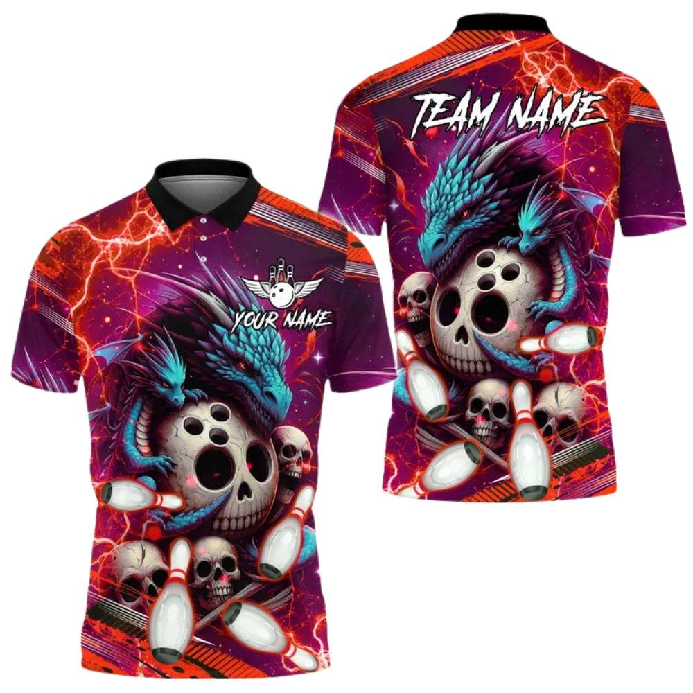 Custom Dragon Skeleton Bowling Mens Polo Shirt Purple Blue, Custom Dragon Skull Bowling Team Shirts BE0165