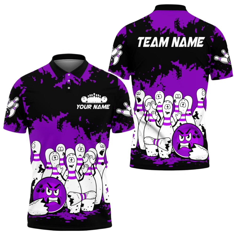 Custom Angry Ball And Scary Pins Men's Bowling Polo Shirt Black Red, Custom Funny Bowling Team Shirts BE0212