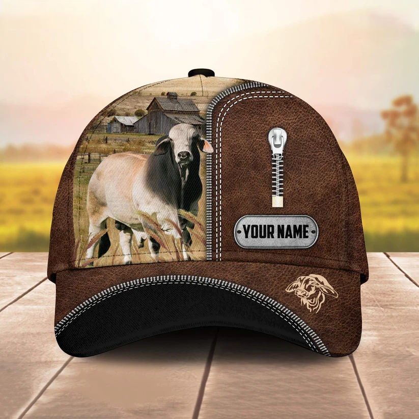 Brahman Cattle Leather Zip Pattern Customized Name Cap CA0175