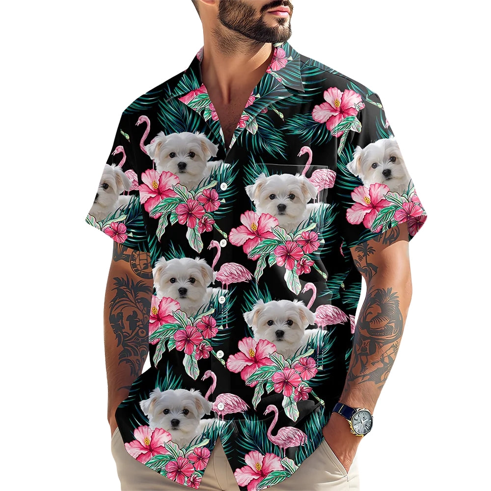 Custom Dog Face Flamingo Floral Hawaiian Shirt, Custom Pet Photo Aloha Flamingo Hawaiian Shirts HE0491