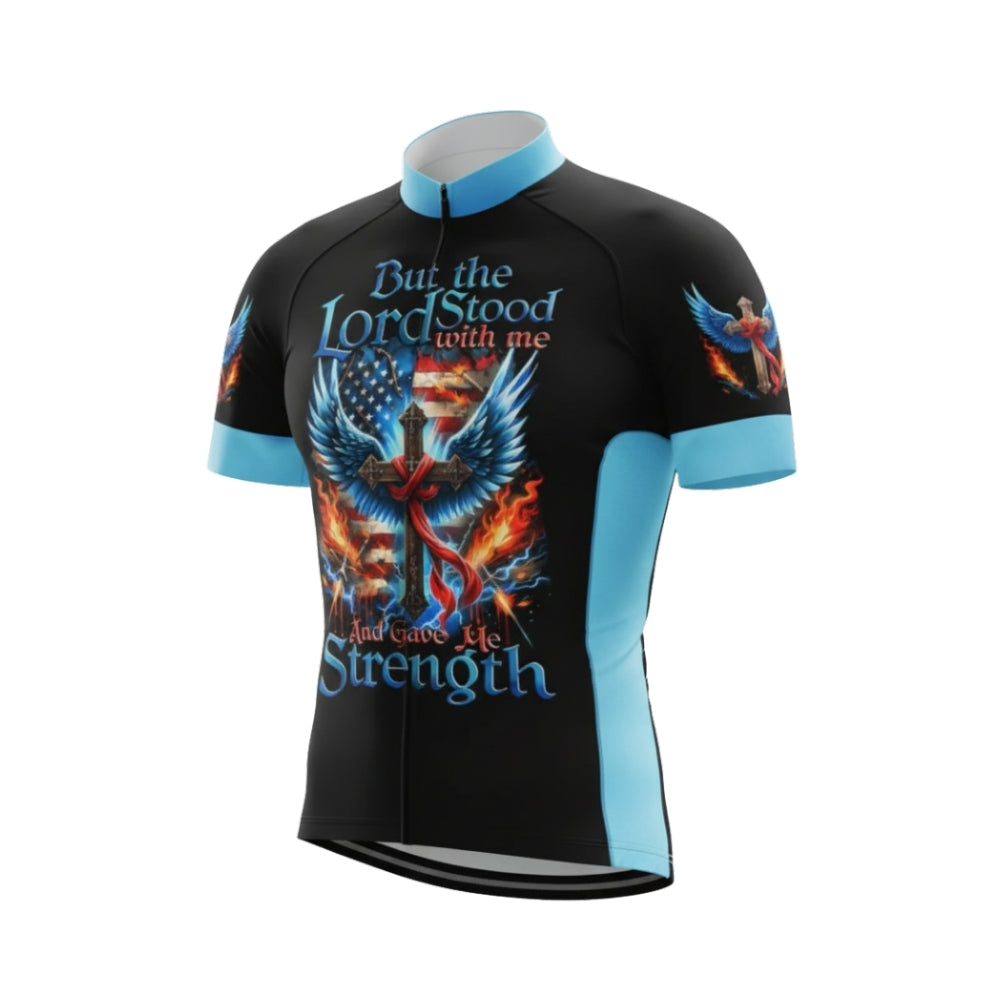 But The Lord Stood With Me And Gave Me Strength Cross USA Flag Cycling Short Sleeve Jersey For Men, Christian Faith Cycling Jerseys CG0538
