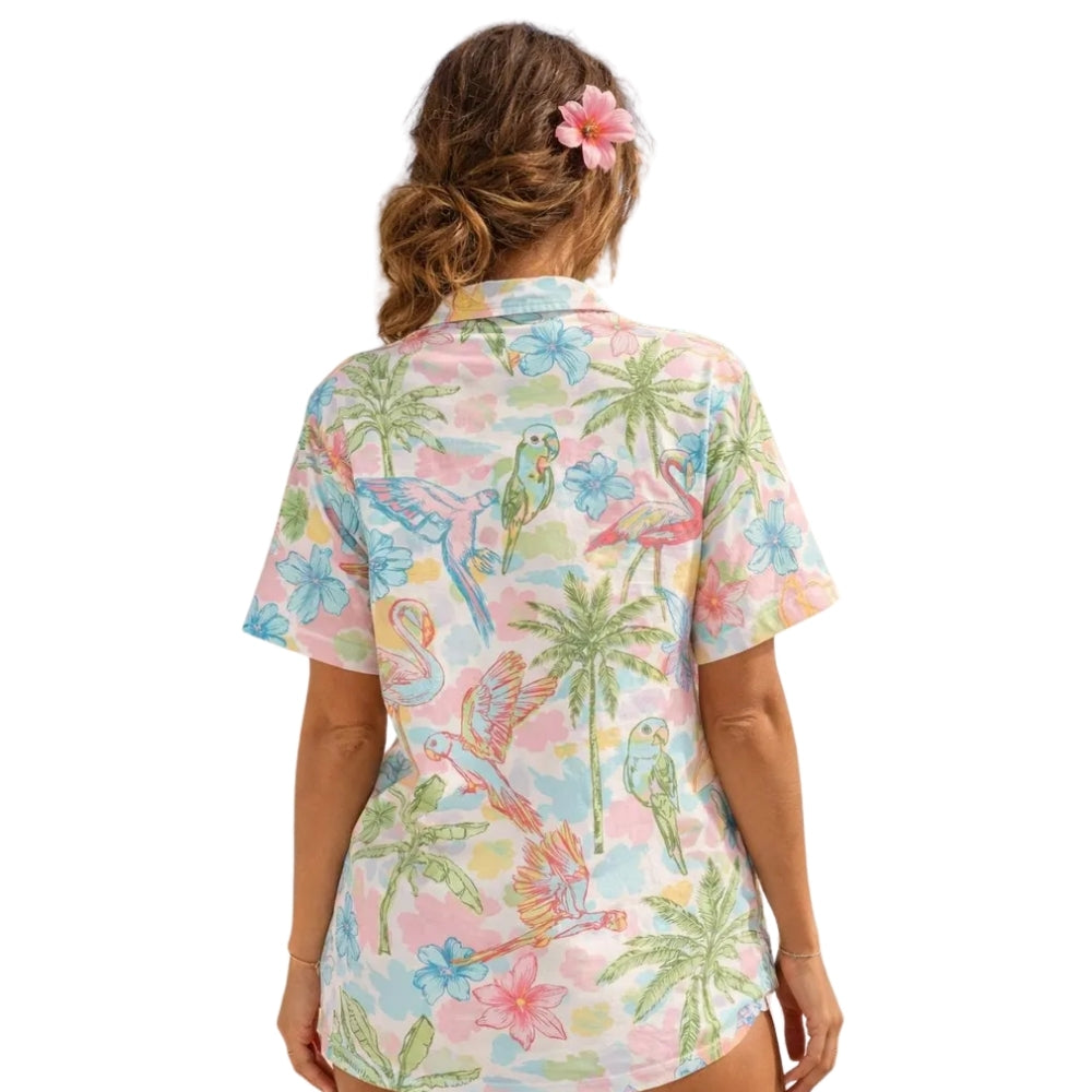 Women's Pastel Flamingo Parrot Hawaiian Shirts, Tropical Beach Hawaiian Shirts For Ladies HE0338