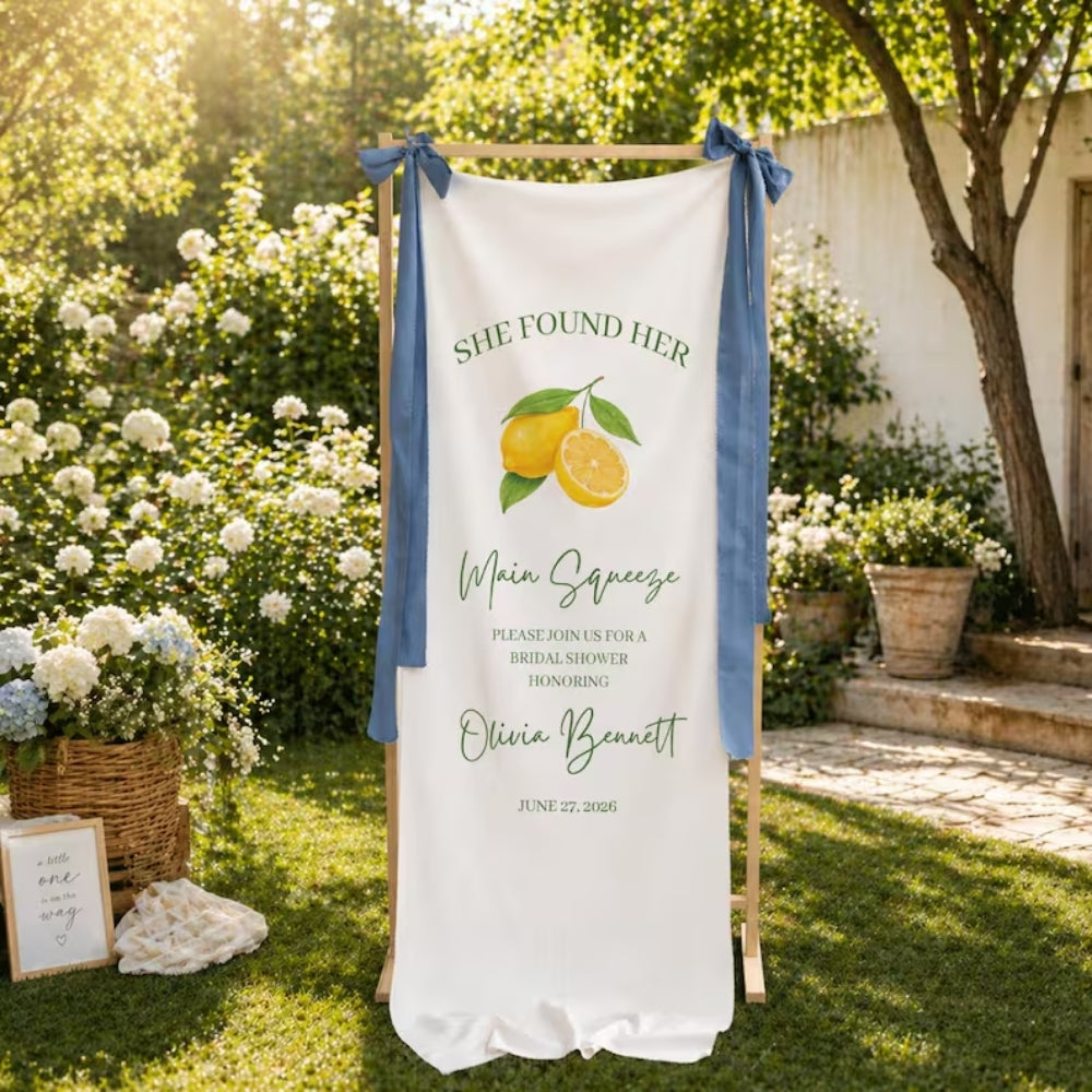 She Found Her Main Squeeze Custom Lemon Bridal Shower Welcome Banner Fabric, Personalized Lemon Welcome Sign Banner For Bridal Party WD0215