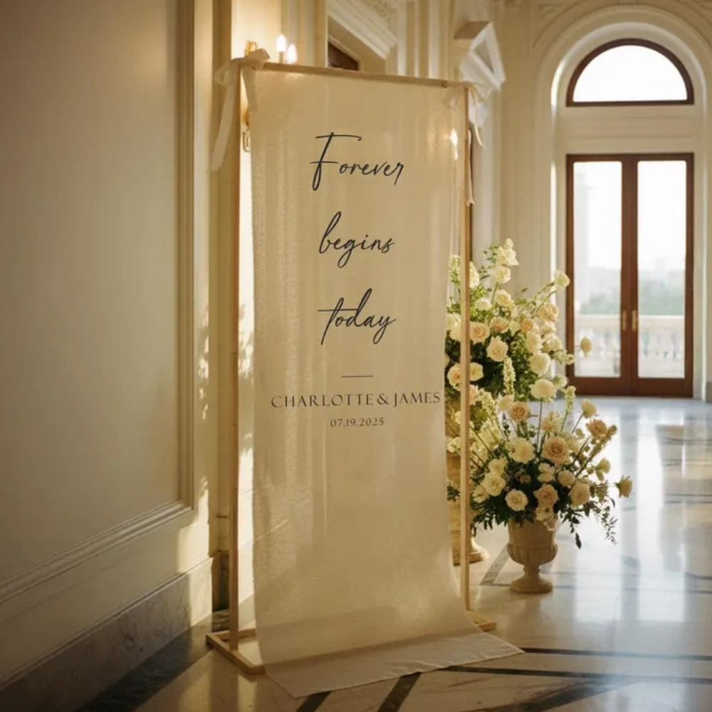 Forever Begin Today Personalized Wedding Fabric Welcome Sign, Custom Wedding Day Linen Welcome Banner WD0216