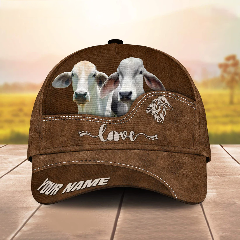 Brahman Cattle Love Leather Pattern Customized Name Cap CA0174