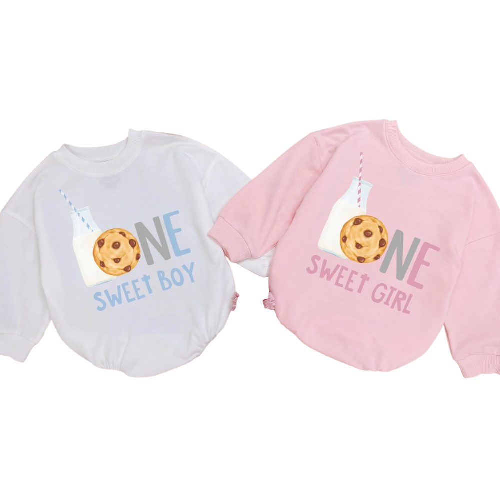 Cookies One Sweet Boy One Sweet Girl Baby Romper Sweatshirt, First Birthday Cookie Baby Romper Sweatshirt BB0527
