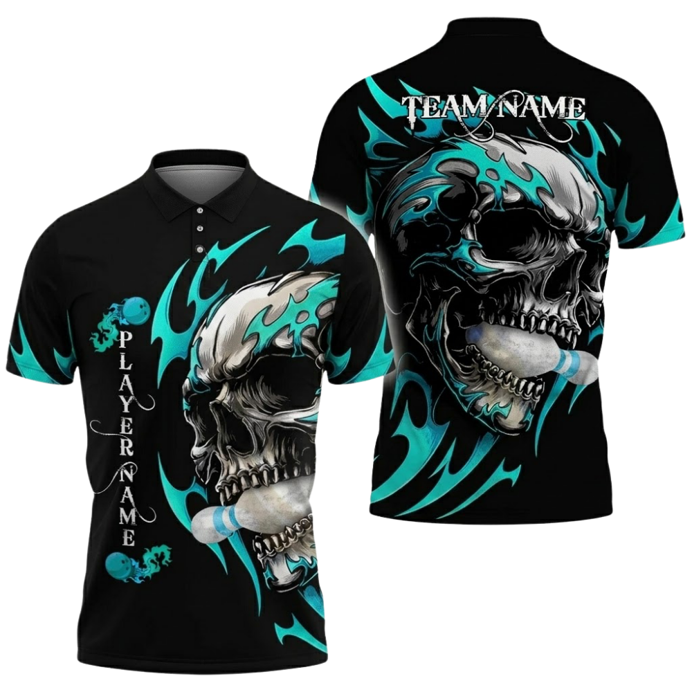 Custom Skull Black And Red Bowling Polo Shirt For Men, Custom Skull Bowling Team Shirts BZ0795